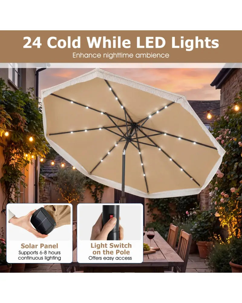 9 Feet Solar Patio Umbrella with 24 LED Lights for Yard-Beige - Beige - Outdoor Umbrellas