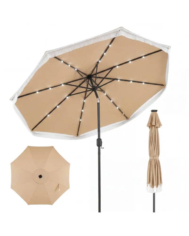 9 Feet Solar Patio Umbrella with 24 LED Lights for Yard-Beige - Beige - Outdoor Umbrellas
