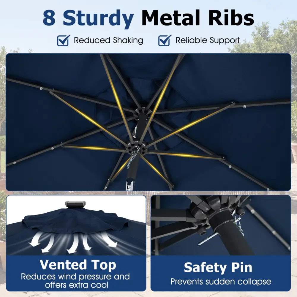 9 Feet Solar Patio Umbrella with 24 LED Lights for Yard-Navy - Navy - Outdoor Umbrellas