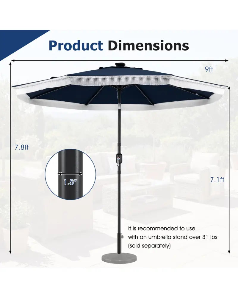 9 Feet Solar Patio Umbrella with 24 LED Lights for Yard-Navy - Navy - Outdoor Umbrellas