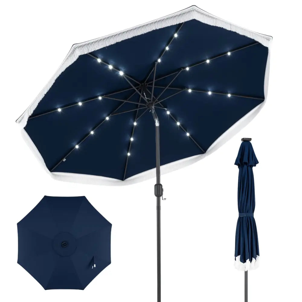 9 Feet Solar Patio Umbrella with 24 LED Lights for Yard-Navy - Navy - Outdoor Umbrellas