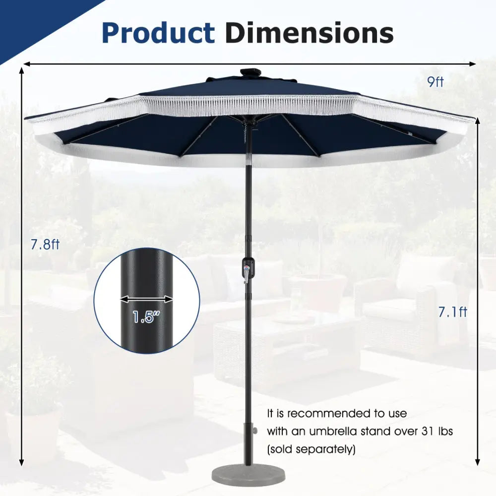 9 Feet Solar Patio Umbrella with 24 LED Lights for Yard-Navy - Navy - Outdoor Umbrellas