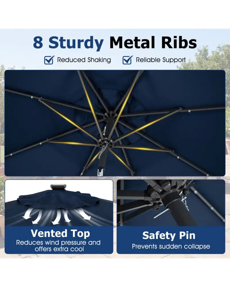 9 Feet Solar Patio Umbrella with 24 LED Lights for Yard-Navy - Navy - Outdoor Umbrellas