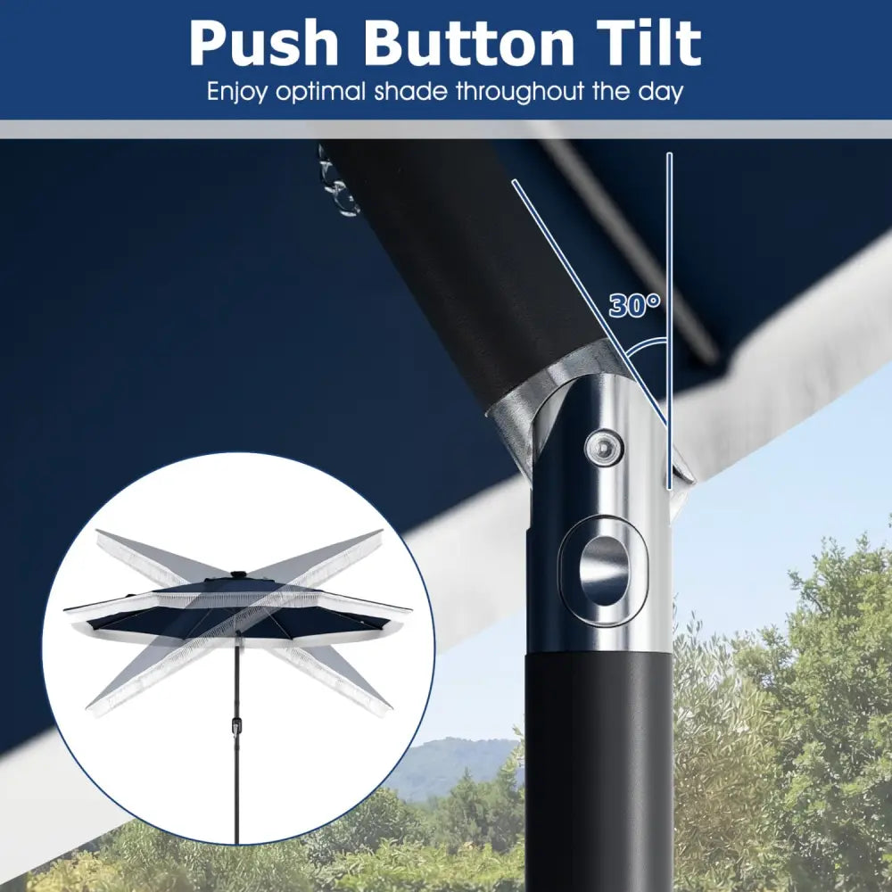 9 Feet Solar Patio Umbrella with 24 LED Lights for Yard-Navy - Navy - Outdoor Umbrellas
