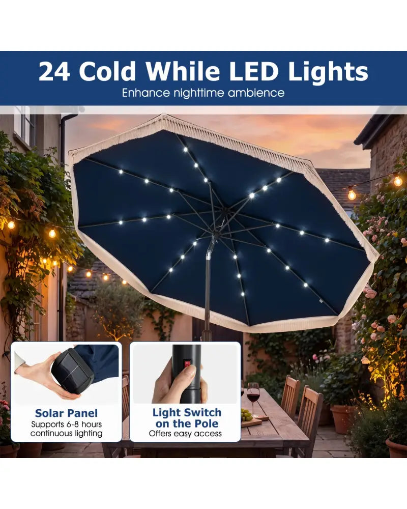 9 Feet Solar Patio Umbrella with 24 LED Lights for Yard-Navy - Navy - Outdoor Umbrellas