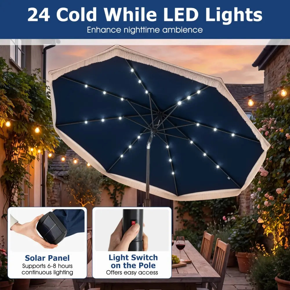 9 Feet Solar Patio Umbrella with 24 LED Lights for Yard-Navy - Navy - Outdoor Umbrellas
