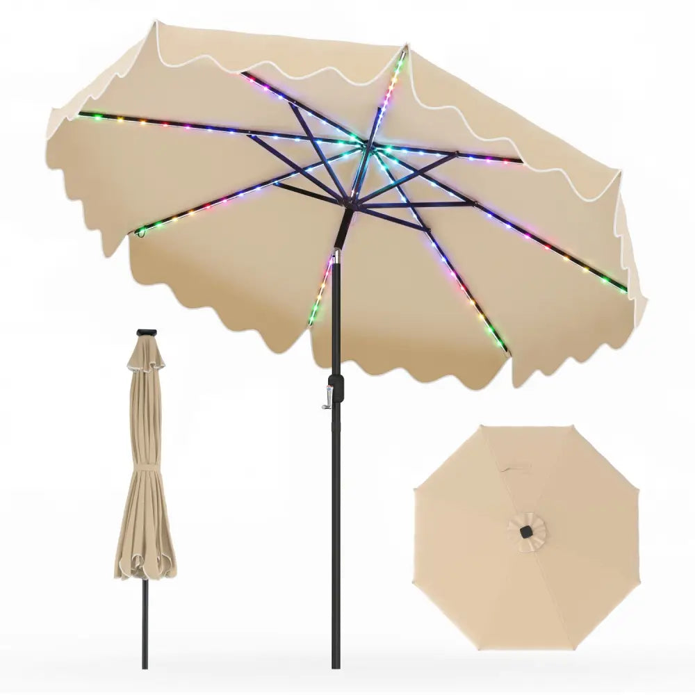 9 Feet Solar Patio Umbrella with Color-Changing LED Lights-Beige - Beige - Outdoor Umbrellas