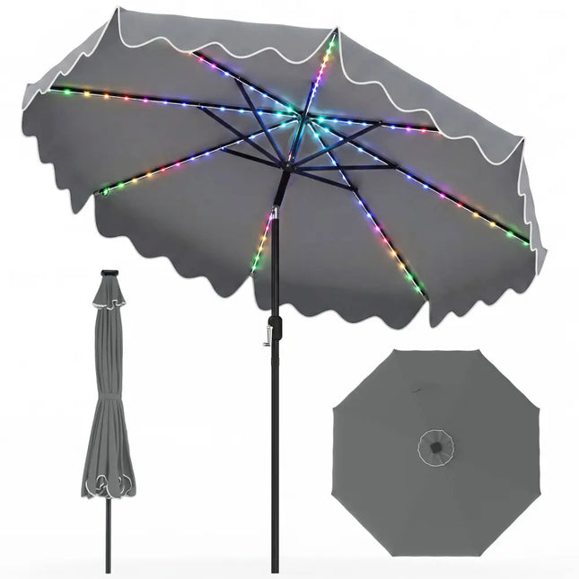 9 Feet Solar Patio Umbrella with Color-Changing LED Lights-Gray - Gray - Outdoor Umbrellas