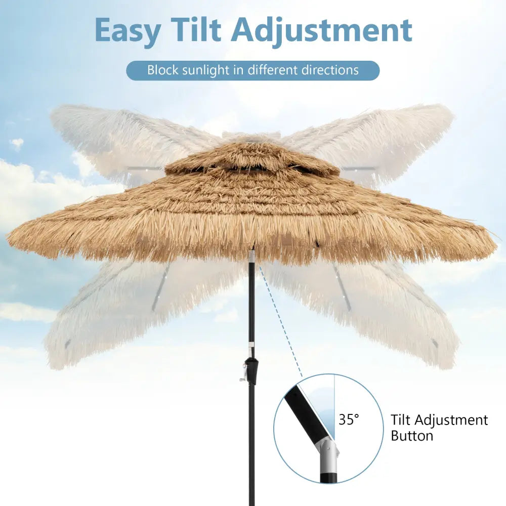9 Feet Solar Powered Thatched Tiki Patio Umbrella with Led Lights - Natural - Outdoor Umbrellas