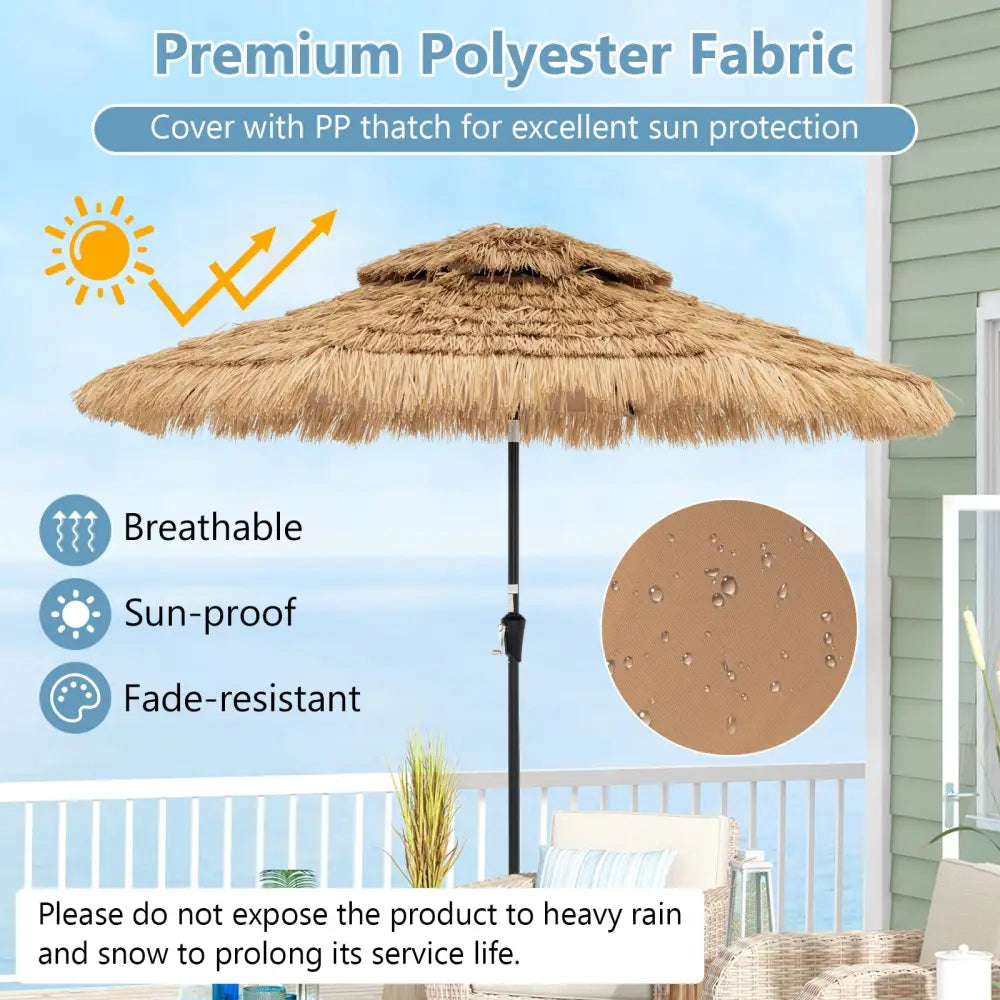 9 Feet Solar Powered Thatched Tiki Patio Umbrella with Led Lights - Natural - Outdoor Umbrellas