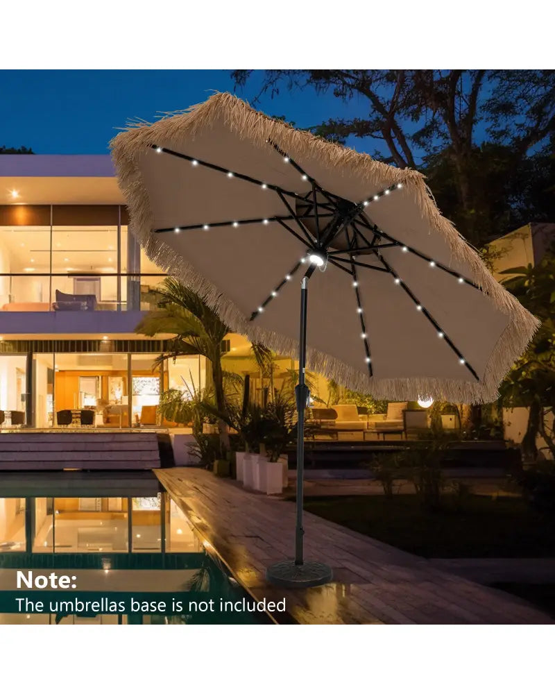 9 Feet Solar Powered Thatched Tiki Patio Umbrella with Led Lights - Natural - Outdoor Umbrellas