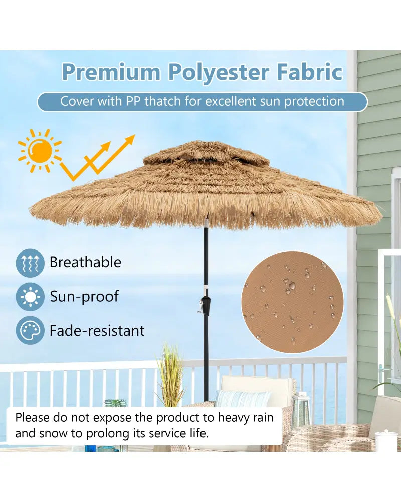 9 Feet Solar Powered Thatched Tiki Patio Umbrella with Led Lights - Natural - Outdoor Umbrellas