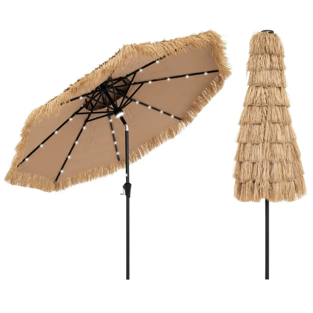 9 Feet Solar Powered Thatched Tiki Patio Umbrella with Led Lights - Natural - Outdoor Umbrellas