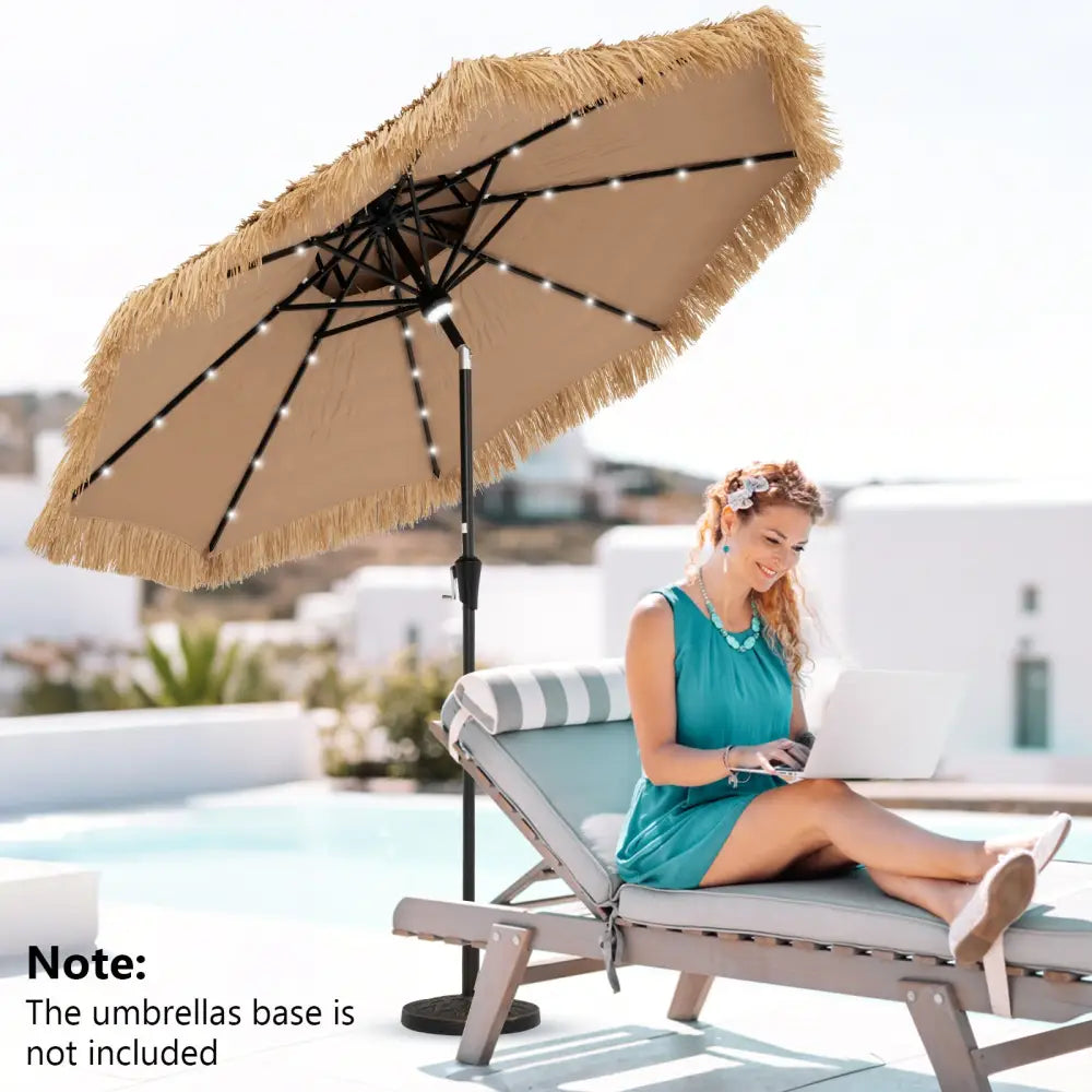 9 Feet Solar Powered Thatched Tiki Patio Umbrella with Led Lights - Natural - Outdoor Umbrellas