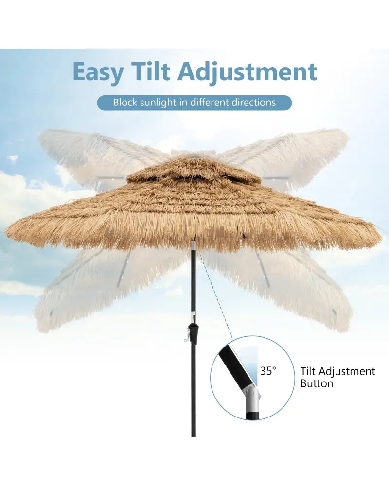 9 Feet Solar Powered Thatched Tiki Patio Umbrella with Led Lights - Natural - Outdoor Umbrellas