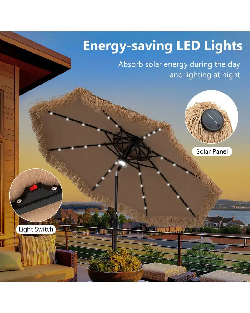 9 Feet Solar Powered Thatched Tiki Patio Umbrella with Led Lights - Natural - Outdoor Umbrellas