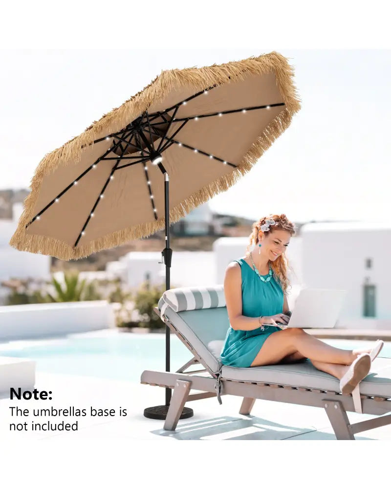 9 Feet Solar Powered Thatched Tiki Patio Umbrella with Led Lights - Natural - Outdoor Umbrellas