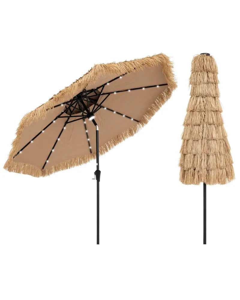 9 Feet Solar Powered Thatched Tiki Patio Umbrella with Led Lights - Natural - Outdoor Umbrellas