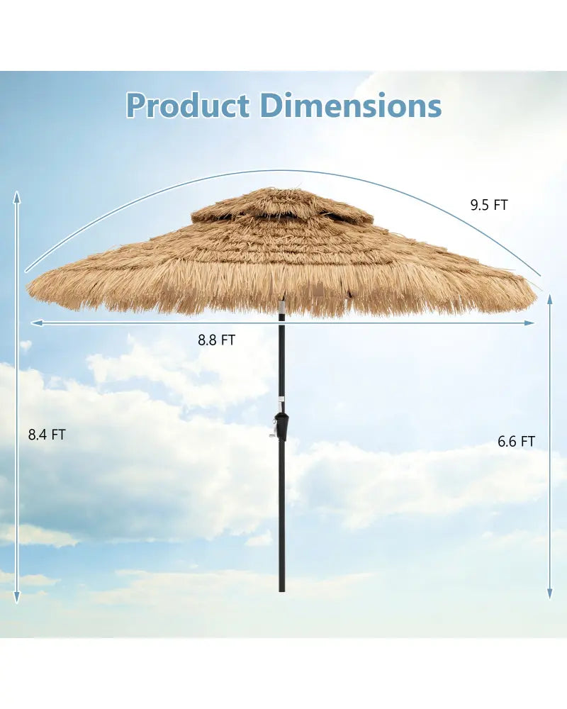 9 Feet Solar Powered Thatched Tiki Patio Umbrella with Led Lights - Natural - Outdoor Umbrellas