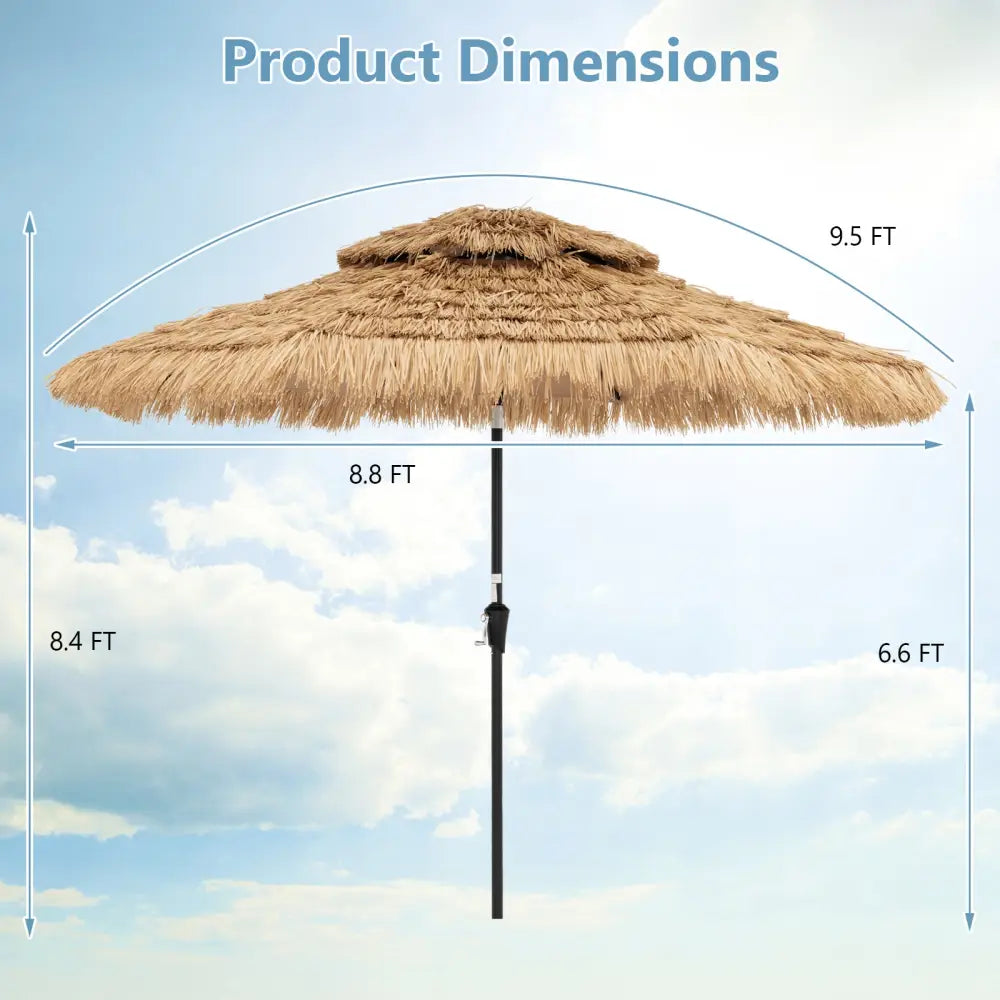 9 Feet Solar Powered Thatched Tiki Patio Umbrella with Led Lights - Natural - Outdoor Umbrellas