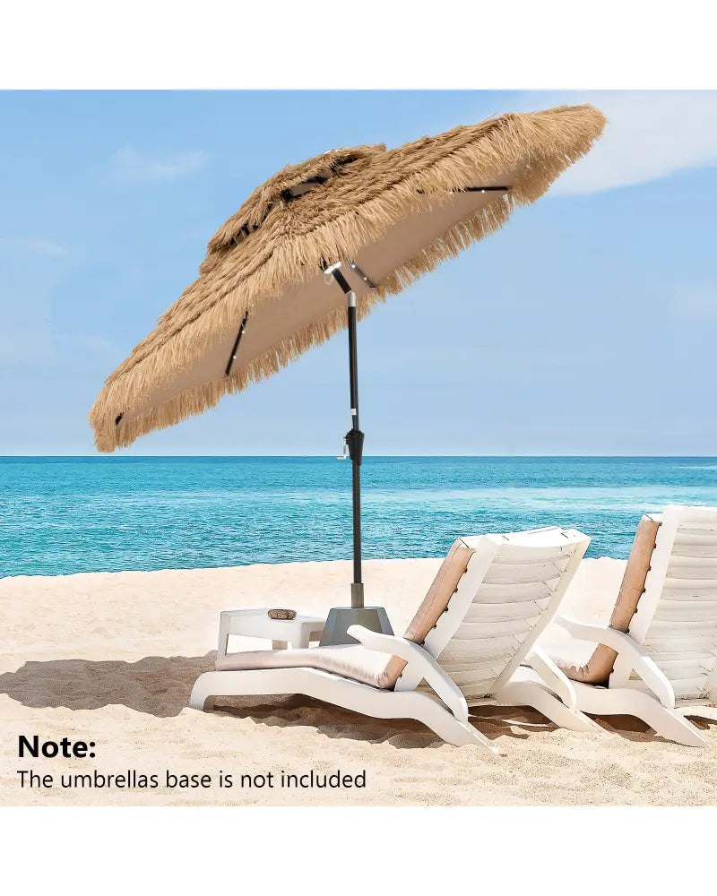 9 Feet Solar Powered Thatched Tiki Patio Umbrella with Led Lights - Natural - Outdoor Umbrellas
