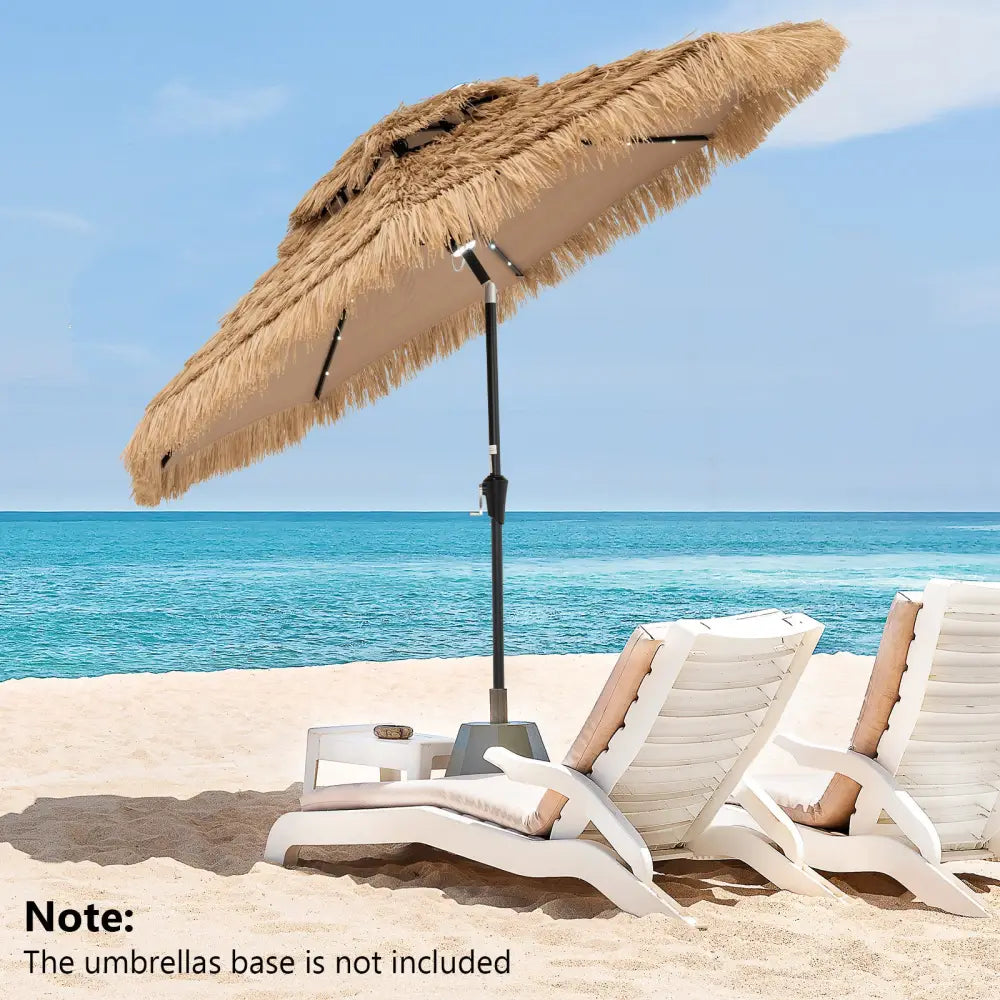9 Feet Solar Powered Thatched Tiki Patio Umbrella with Led Lights - Natural - Outdoor Umbrellas