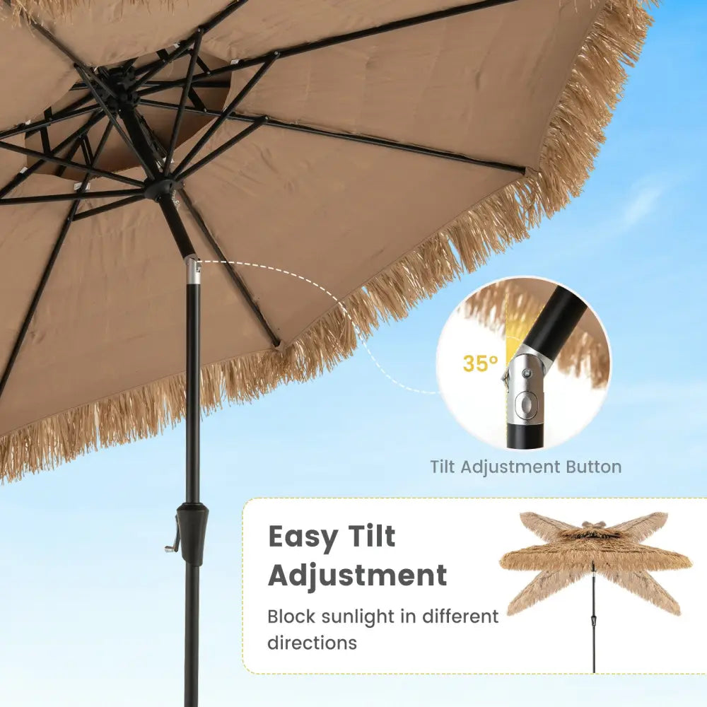 9 Feet Thatched Tiki Umbrella with 8 Ribs - Natural - Outdoor Umbrellas