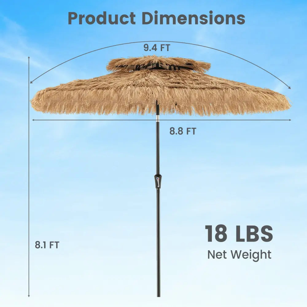 9 Feet Thatched Tiki Umbrella with 8 Ribs - Natural - Outdoor Umbrellas