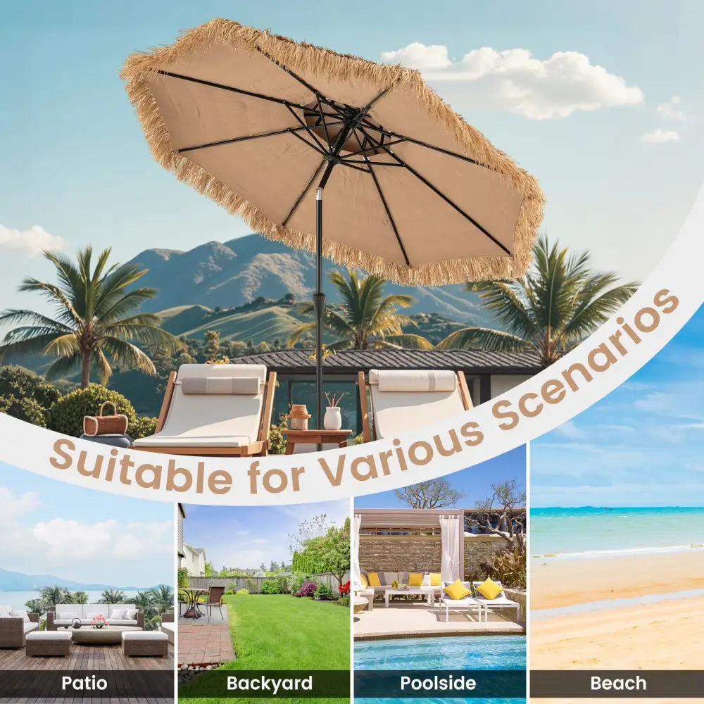 9 Feet Thatched Tiki Umbrella with 8 Ribs - Natural - Outdoor Umbrellas
