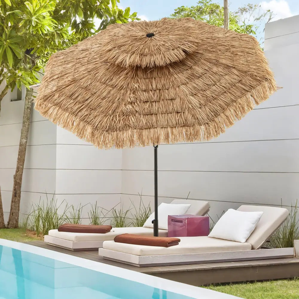 9 Feet Thatched Tiki Umbrella with 8 Ribs - Natural - Outdoor Umbrellas