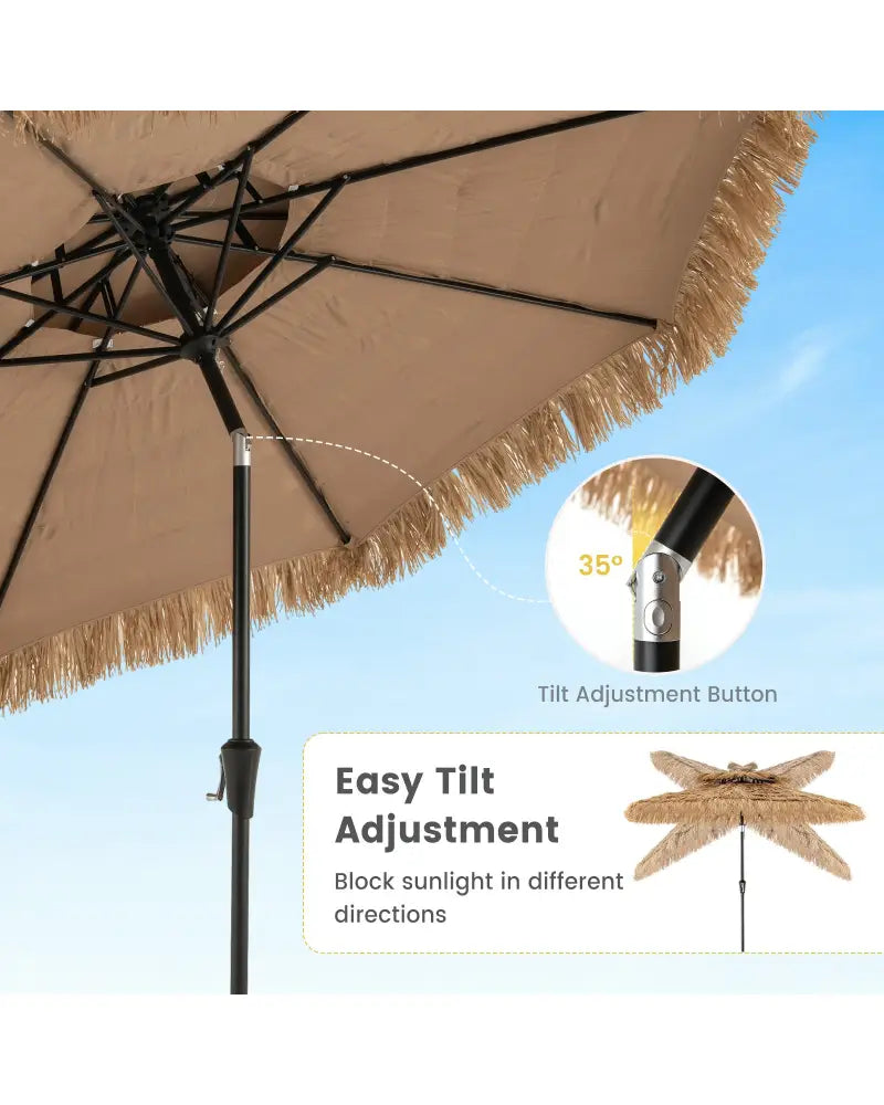 9 Feet Thatched Tiki Umbrella with 8 Ribs - Natural - Outdoor Umbrellas