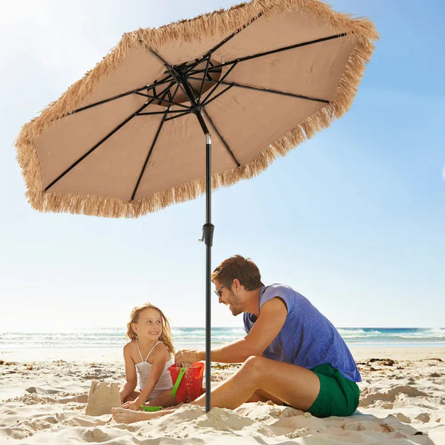 9 Feet Thatched Tiki Umbrella with 8 Ribs - Natural - Outdoor Umbrellas