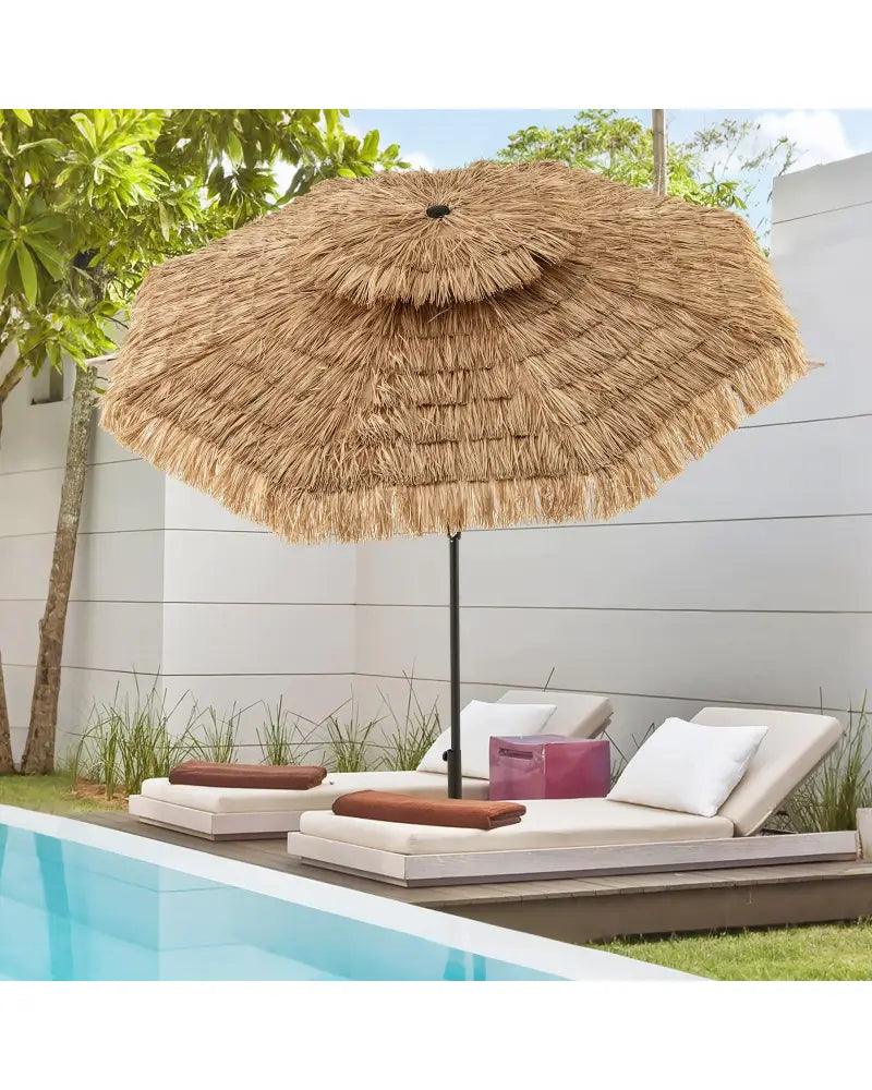 9 Feet Thatched Tiki Umbrella with 8 Ribs - Natural - Outdoor Umbrellas
