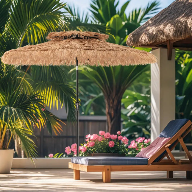 9 Feet Thatched Tiki Umbrella with 8 Ribs - Natural - Outdoor Umbrellas