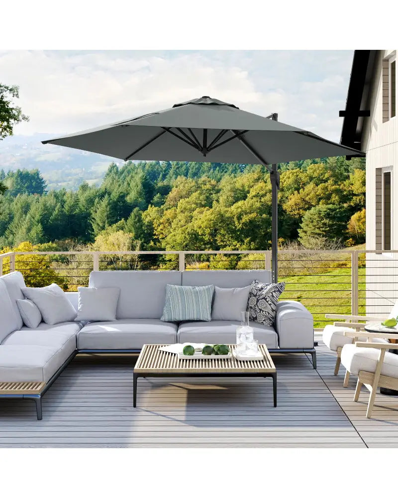 9 FT Cantilever Patio Umbrella with Vented Top and Sun-Protective Canopy-Gray - Gray - Outdoor Umbrellas