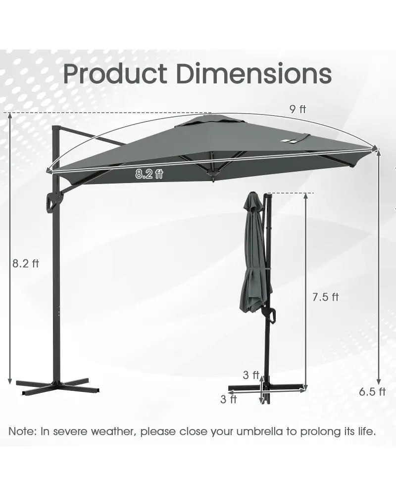 9 FT Cantilever Patio Umbrella with Vented Top and Sun-Protective Canopy-Gray - Gray - Outdoor Umbrellas