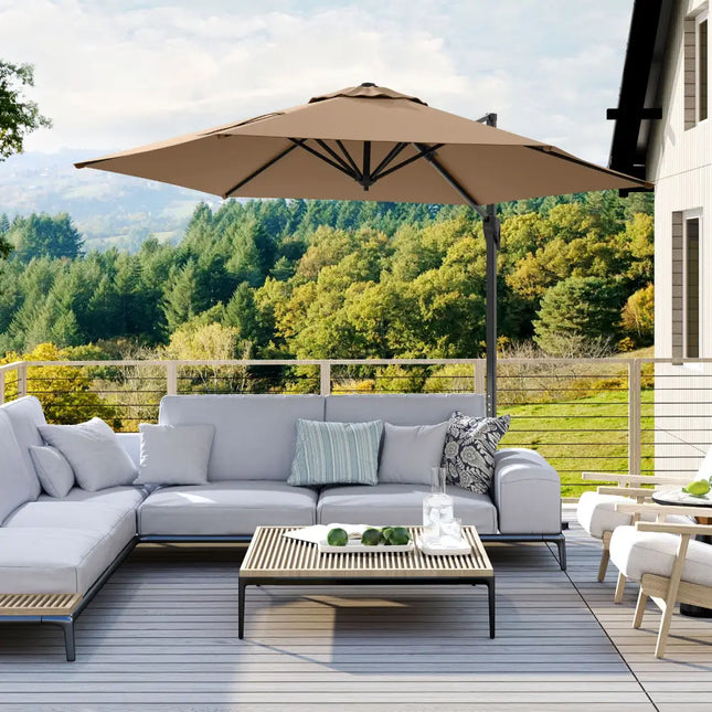 9 FT Cantilever Patio Umbrella with Vented Top and Sun-Protective Canopy-Brown - Brown - Outdoor Umbrellas