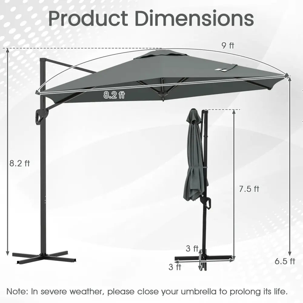9 FT Cantilever Patio Umbrella with Vented Top and Sun-Protective Canopy-Gray - Gray - Outdoor Umbrellas