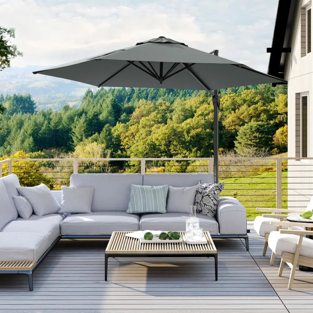 9 FT Cantilever Patio Umbrella with Vented Top and Sun-Protective Canopy-Gray - Gray - Outdoor Umbrellas
