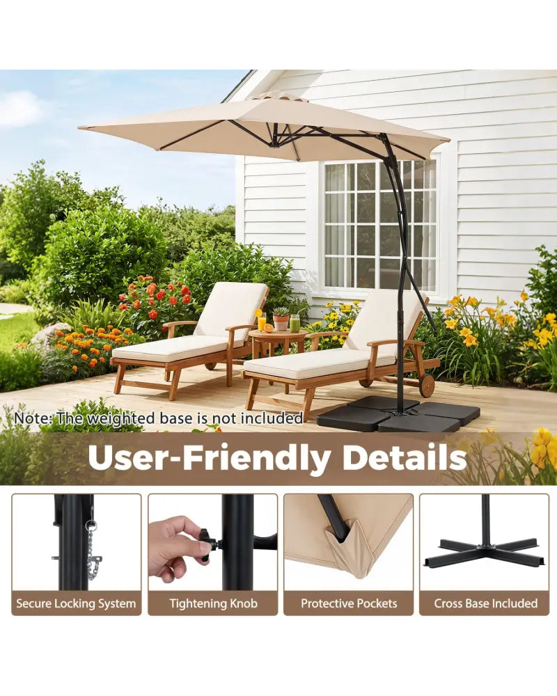 9 FT Cantilever Umbrella with Cross Base Included with Smooth Handle amd Heavy Duty Frame-Beige - Beige - Outdoor