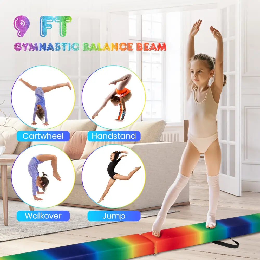 9 FT Folding Gymnastics Balance Beam with Anti-slip Base and Pine Wood Frame-Rainbow - Multicolor - Yoga & Gym Mats