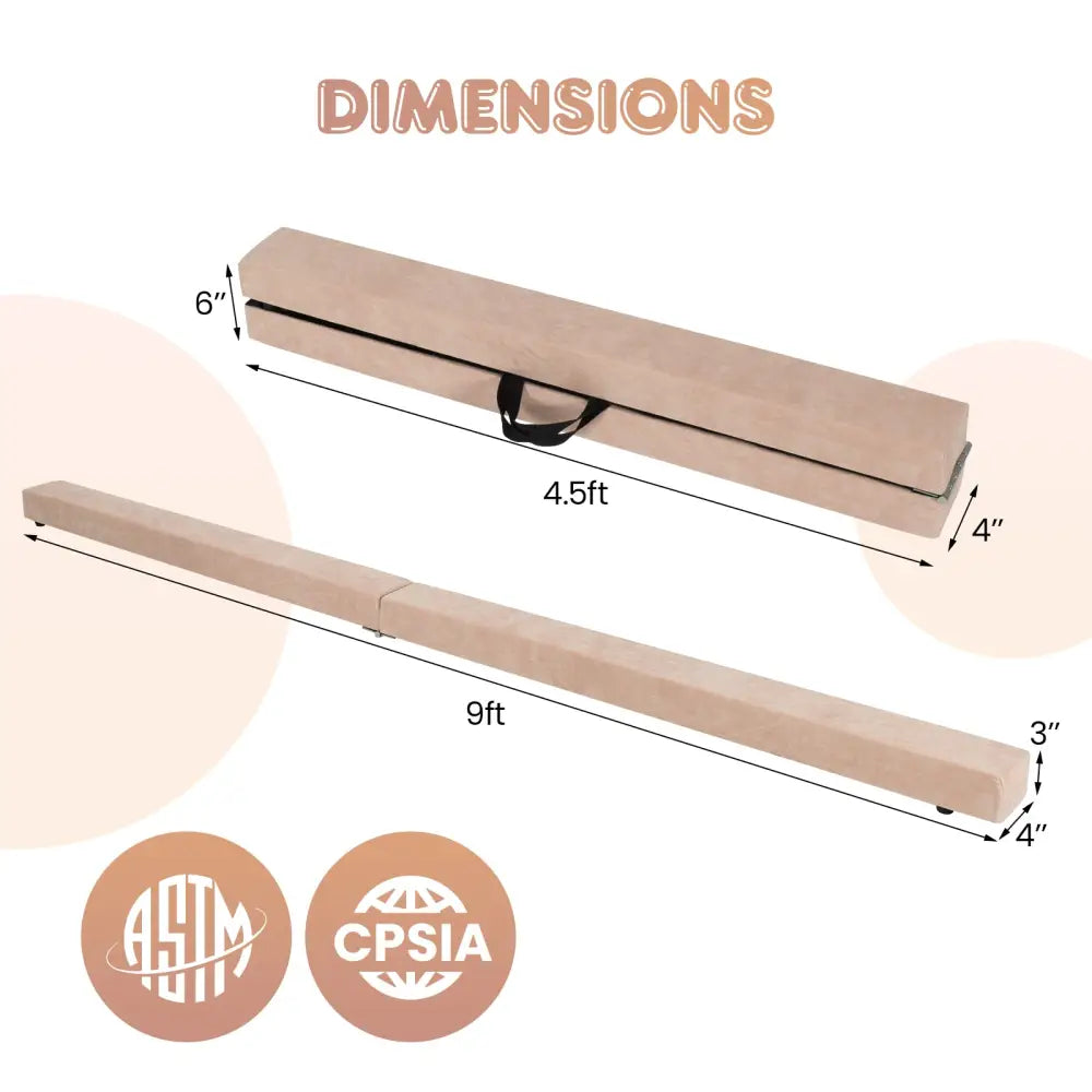 9 FT Folding Gymnastics Balance Beam with Anti-slip Base and Pine Wood Frame-Brown - Brown - Yoga & Gym Mats