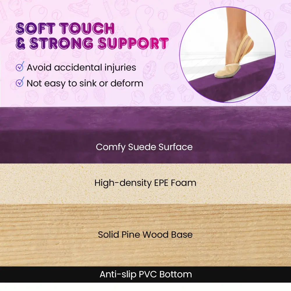 9 FT Folding Gymnastics Balance Beam with Anti-slip Base and Pine Wood Frame-Purple - Purple - Yoga & Gym Mats