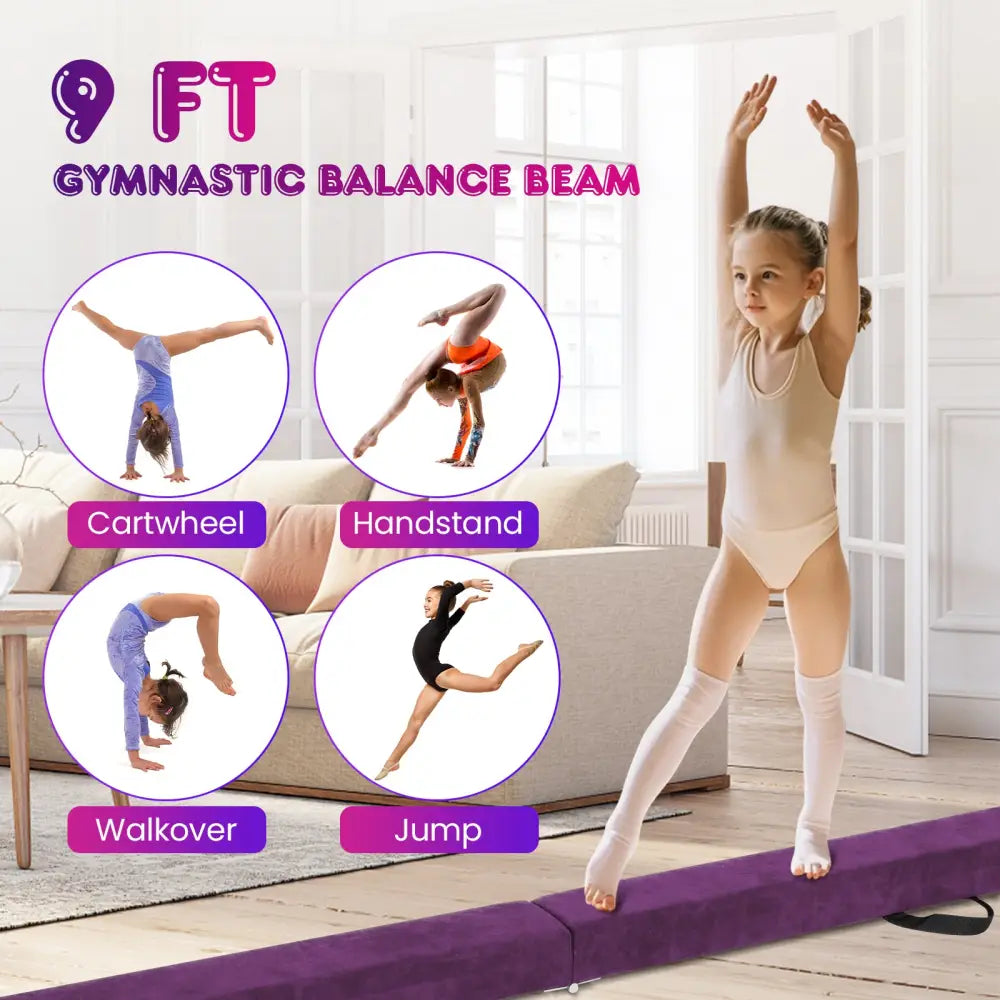 9 FT Folding Gymnastics Balance Beam with Anti-slip Base and Pine Wood Frame-Purple - Purple - Yoga & Gym Mats