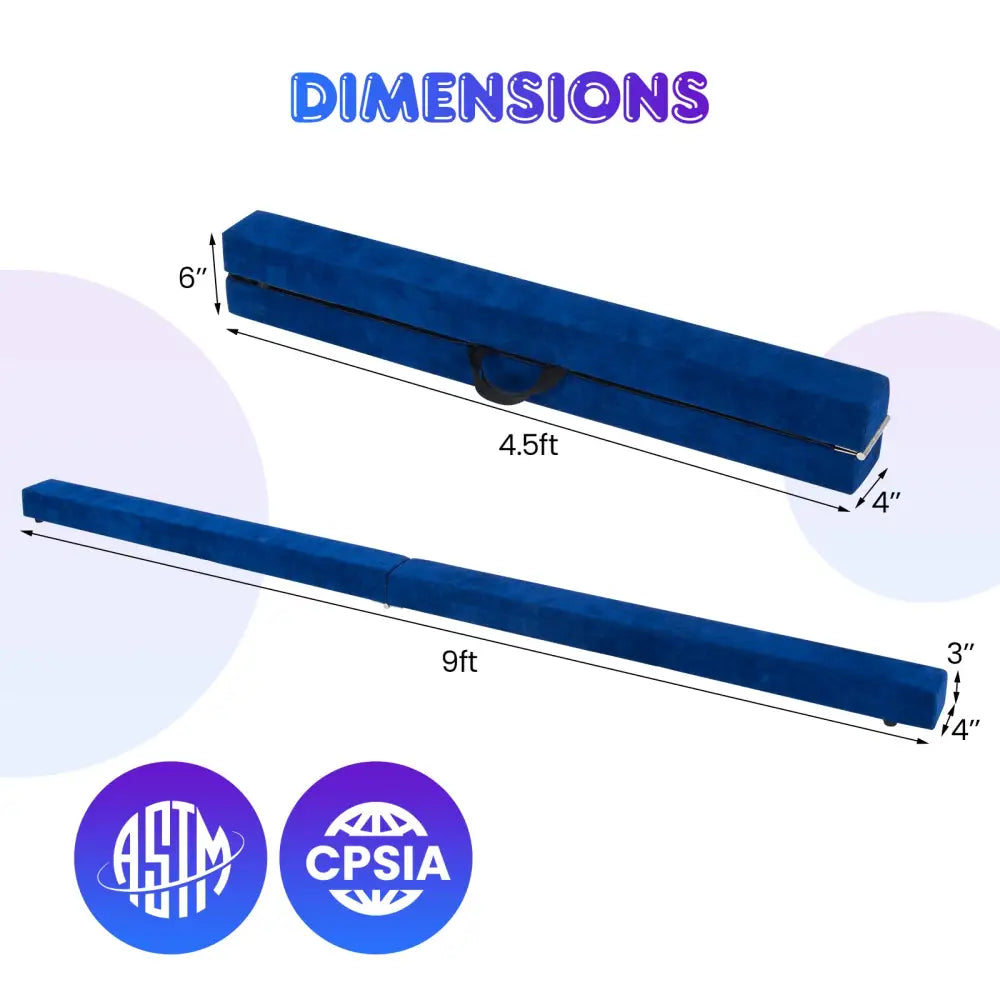 9 FT Folding Gymnastics Balance Beam with Anti-slip Base and Pine Wood Frame-Blue - Blue - Yoga & Gym Mats