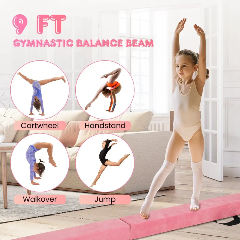 9 FT Folding Gymnastics Balance Beam with Anti-slip Base and Pine Wood Frame-Pink - Pink - Yoga & Gym Mats