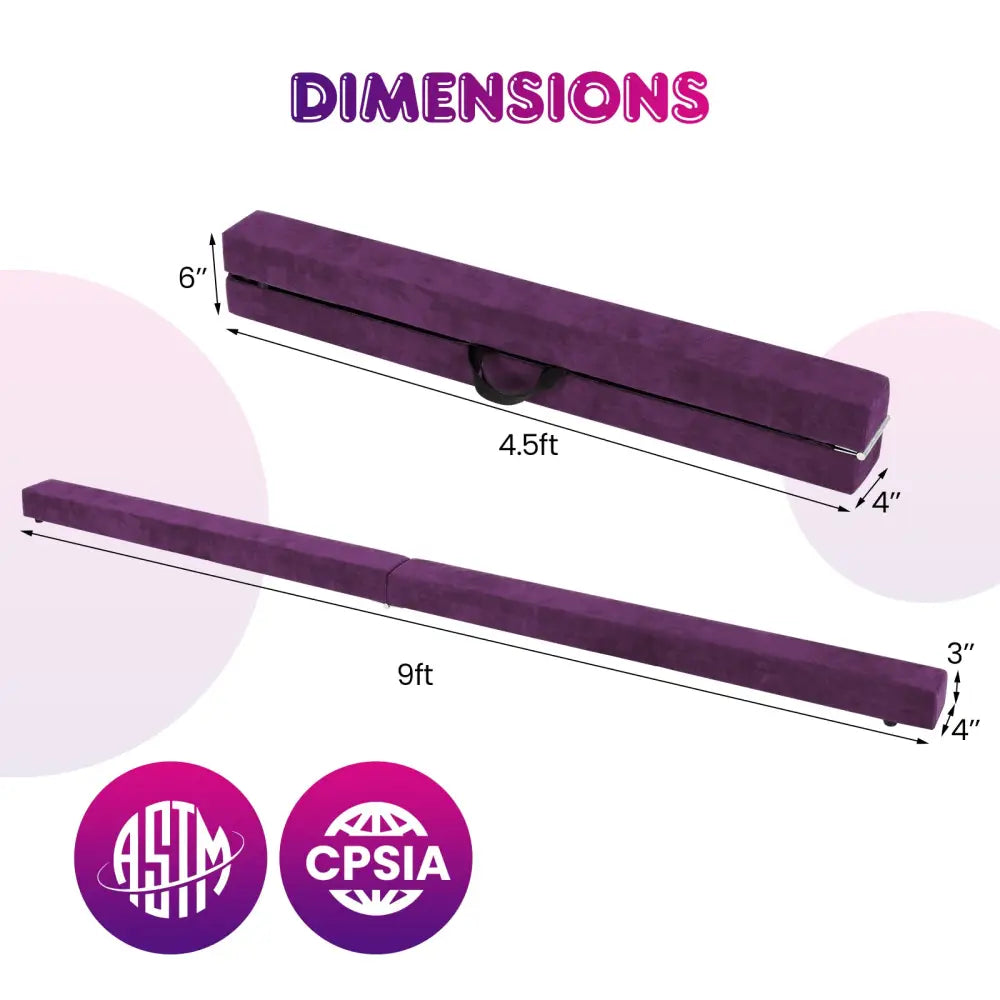 9 FT Folding Gymnastics Balance Beam with Anti-slip Base and Pine Wood Frame-Purple - Purple - Yoga & Gym Mats