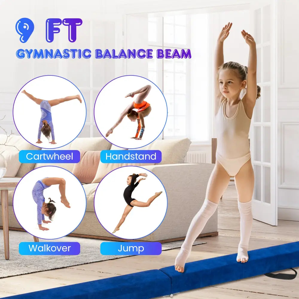 9 FT Folding Gymnastics Balance Beam with Anti-slip Base and Pine Wood Frame-Blue - Blue - Yoga & Gym Mats