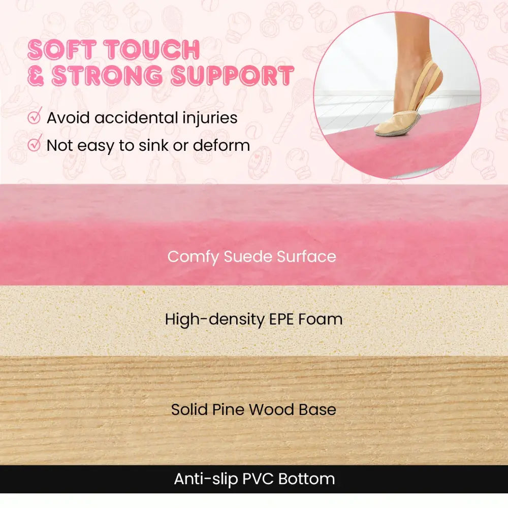 9 FT Folding Gymnastics Balance Beam with Anti-slip Base and Pine Wood Frame-Pink - Pink - Yoga & Gym Mats