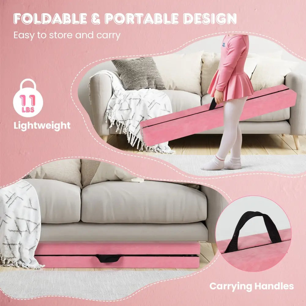 9 FT Folding Gymnastics Balance Beam with Anti-slip Base and Pine Wood Frame-Pink - Pink - Yoga & Gym Mats